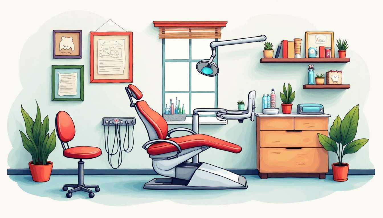a cozy dental office setting featuring a variety of dental tools, a comfortable dental chair, colorful wall decor suitable for both children and adults, and a welcoming atmosphere that emphasizes family-friendly care, hand-drawn abstract illustration for a company blog, white background, professional, minimalist, clean lines, faded colors