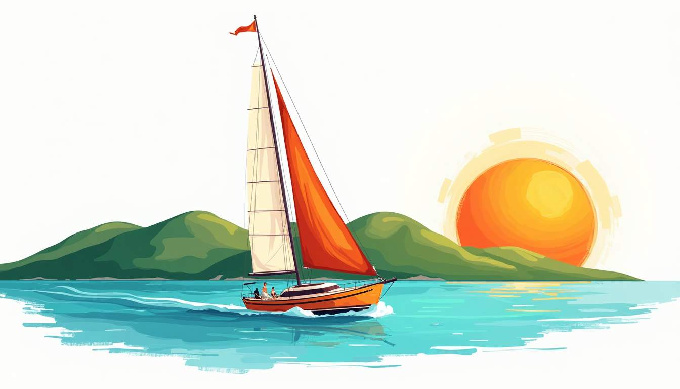 a serene sailing scene in Puerto Vallarta, featuring a vibrant sailboat gliding over turquoise waters, with lush green hills and a colorful sunset in the background, capturing the essence of relaxation and adventure, hand-drawn abstract illustration for a company blog, white background, professional, minimalist, clean lines, faded colors