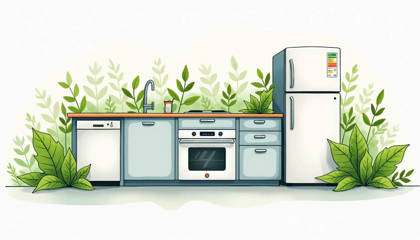 an array of modern kitchen appliances, such as a refrigerator, oven, and dishwasher, each labeled with energy efficiency ratings and surrounded by green leaves to symbolize sustainability, hand-drawn abstract illustration for a company blog, white background, professional, minimalist, clean lines, faded colors