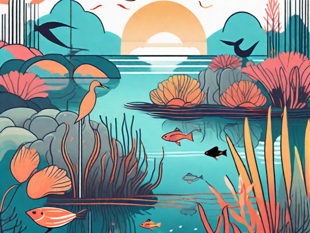 a vibrant lagoon ecosystem showcasing various aquatic plants, colorful fish, and unique water birds, with a stunning backdrop of a serene sunset, hand-drawn abstract illustration for a company blog, white background, professional, minimalist, clean lines, faded colors