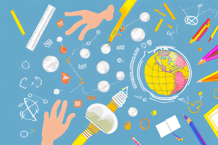 a child's desk filled with educational tools like a globe, microscope, books, and puzzles, with a bright light bulb glowing above it, symbolizing the idea of encouragement and enlightenment in learning, hand-drawn abstract illustration for a company blog, in style of corporate memphis, faded colors, white background, professional, minimalist, clean lines