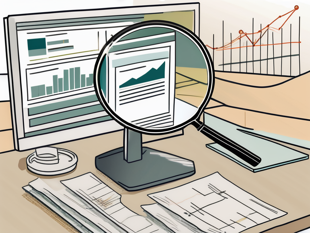 a magnifying glass hovering over a computer screen displaying a Zillow listing, with a stack of papers (symbolizing offers) and a bar graph (symbolizing market analysis) nearby, hand-drawn abstract illustration for a company blog, white background, professional, minimalist, clean lines, faded colors