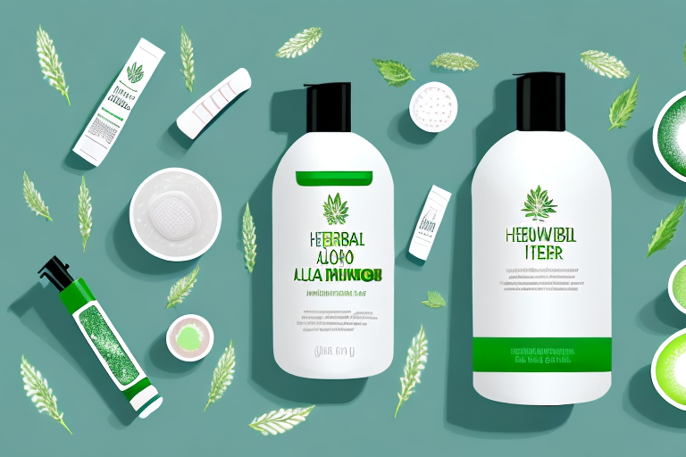 a shampoo bottle with herbal ingredients like aloe vera, tea tree, and mint, next to a clean, shiny, healthy-looking hair strand, all set against the backdrop of a bathroom setting, hand-drawn abstract illustration for a company blog, in style of corporate memphis, faded colors, white background, professional, minimalist, clean lines