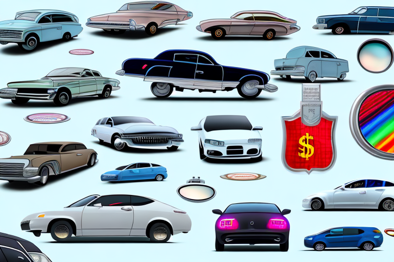 several cars with different colors and styles, each with a price tag hanging from the rearview mirror, and a magnifying glass hovering over them, symbolizing comparison, hand-drawn abstract illustration for a company blog, in style of corporate memphis, faded colors, white background, professional, minimalist, clean lines