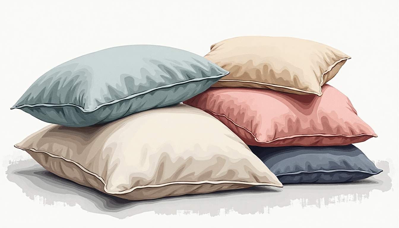 an assortment of fabric swatches in various textures and colors, arranged aesthetically alongside a cozy duvet cover and a pillow, highlighting the different materials suitable for duvet cover sets, hand-drawn abstract illustration for a company blog, white background, professional, minimalist, clean lines, faded colors