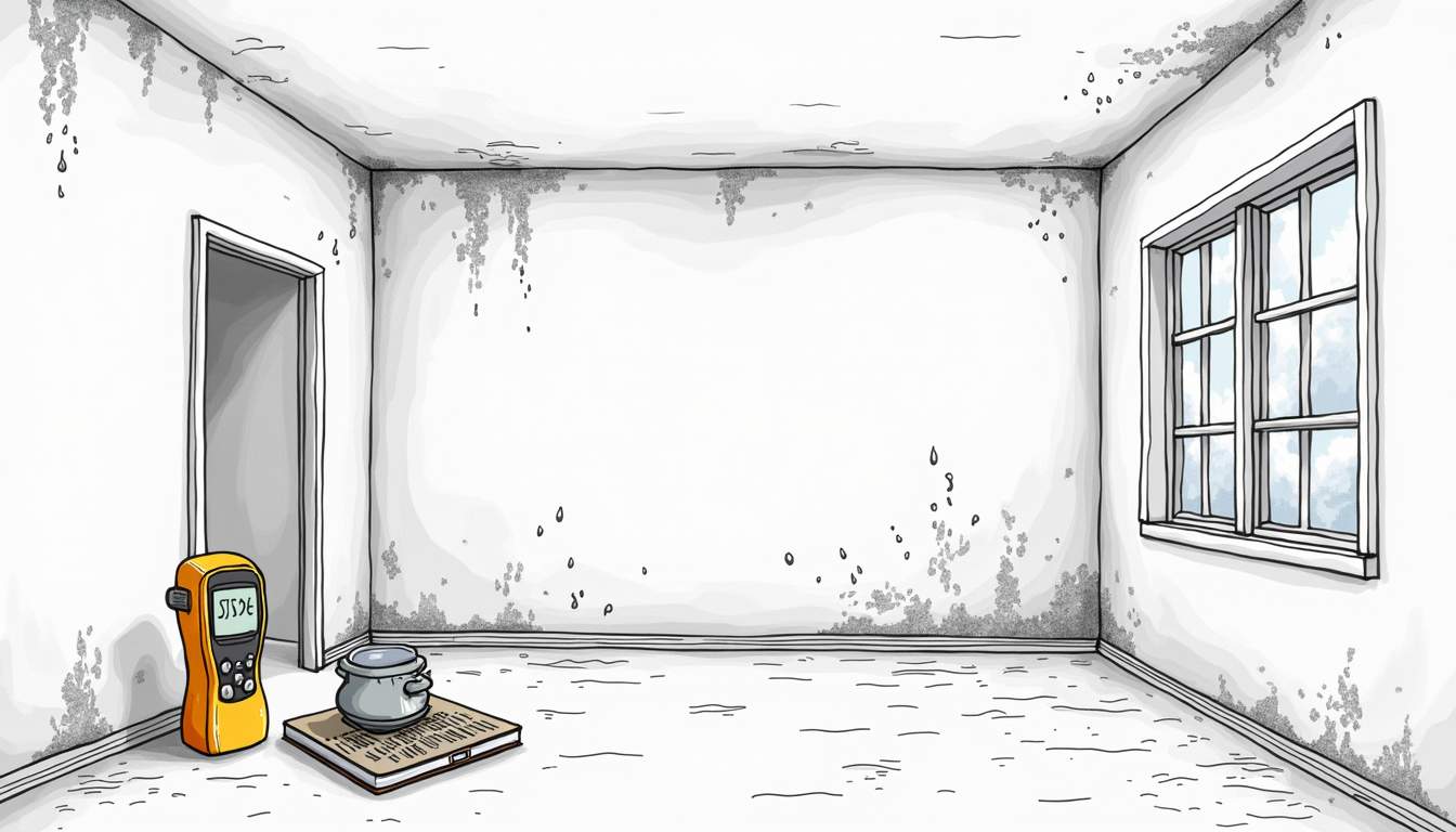 an indoor scene showing water damage on walls and ceilings, with visible mold growth in corners and around windows, accompanied by tools like a moisture meter and a magnifying glass to symbolize the inspection process, hand-drawn abstract illustration for a company blog, white background, professional, minimalist, clean lines, #004c4c colour scheme