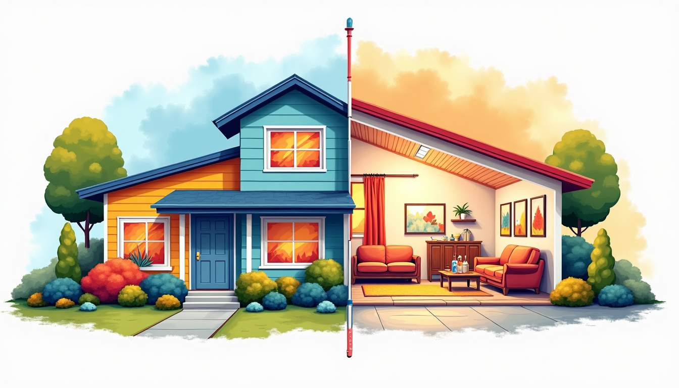 a split scene showcasing a vibrant exterior of a house being painted on one side, with colorful landscaping, and a cozy interior room on the other side, featuring paint swatches and tools, to visually contrast the different aspects of exterior and interior painting, hand-drawn abstract illustration for a company blog, white background, professional, minimalist, clean lines, faded colors