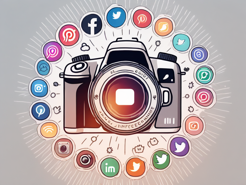 a camera lens focusing on a group of small, symbolic icons representing various social media platforms, surrounded by a radiating aura of light, to signify the power of micro-influencers in photography, hand-drawn abstract illustration for a company blog, white background, professional, minimalist, clean lines, faded colors