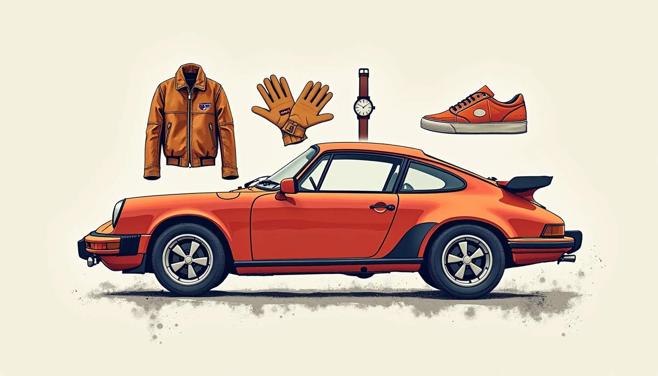 an array of stylish automotive-inspired clothing and accessories, such as a leather jacket, racing gloves, vintage sneakers, and a sleek watch, arranged artistically around a classic car silhouette to capture the essence of car culture in everyday fashion, hand-drawn abstract illustration for a company blog, white background, professional, minimalist, clean lines, faded colors