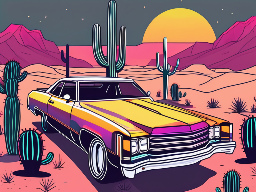 a car with neon underglow lights parked on a Texas-themed background, like a desert with cacti or a cowboy hat, without featuring any human elements, hand-drawn abstract illustration for a company blog, white background, professional, minimalist, clean lines, faded colors