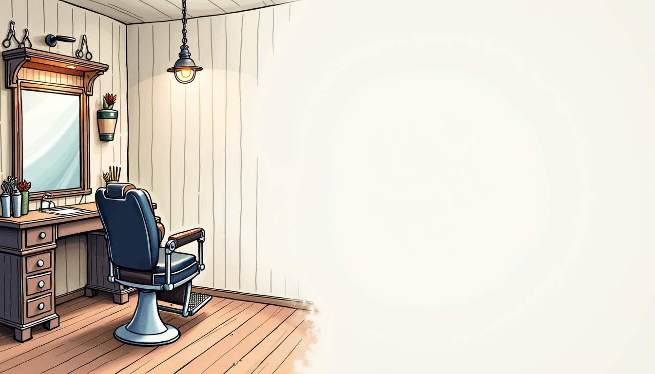 a well-organized grooming station featuring high-quality scissors, clippers, combs, and a sleek barber chair, all set against a backdrop of warm, inviting wood tones and soft lighting to convey a sense of durability and reliability, hand-drawn abstract illustration for a company blog, white background, professional, minimalist, clean lines, faded colors
