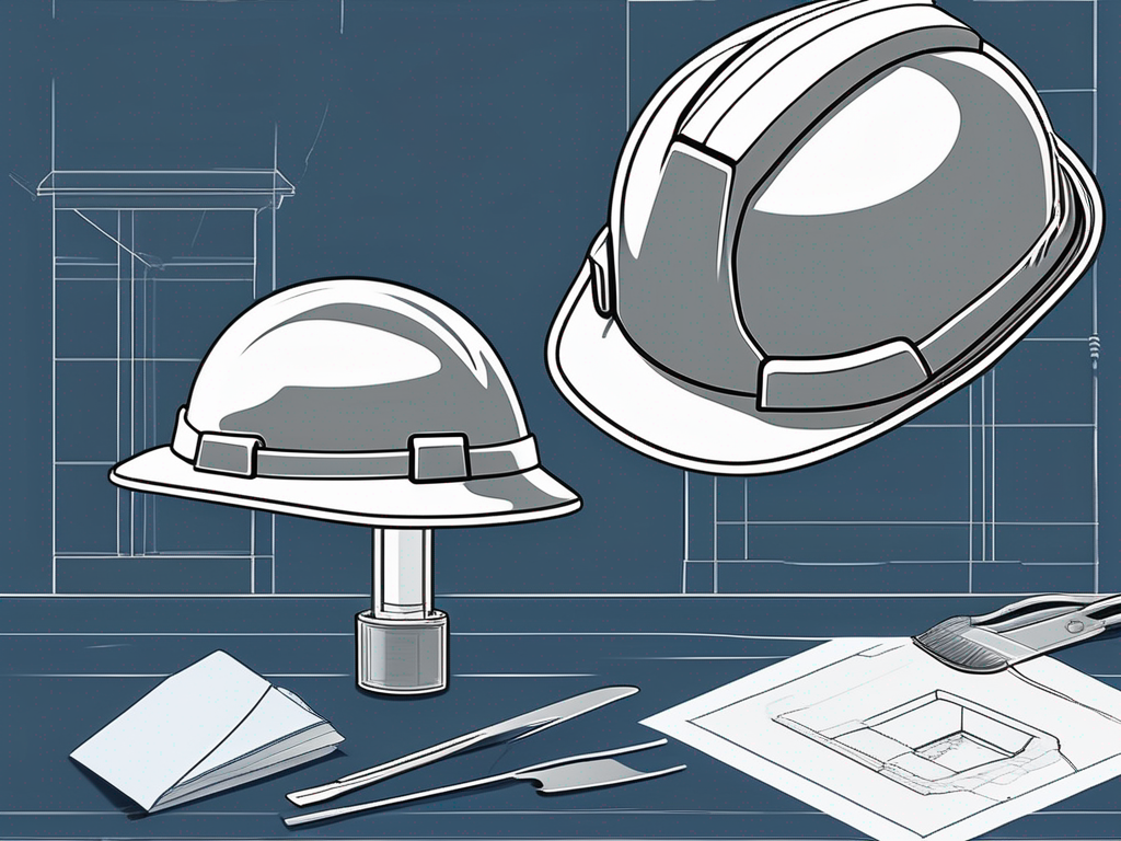 a hard hat, a shovel, and a blueprint, placed on top of a clean, well-organized desk to symbolize the professional aspect of an excavation laborer position, hand-drawn abstract illustration for a company blog, white background, professional, minimalist, clean lines, light navy blue and gray