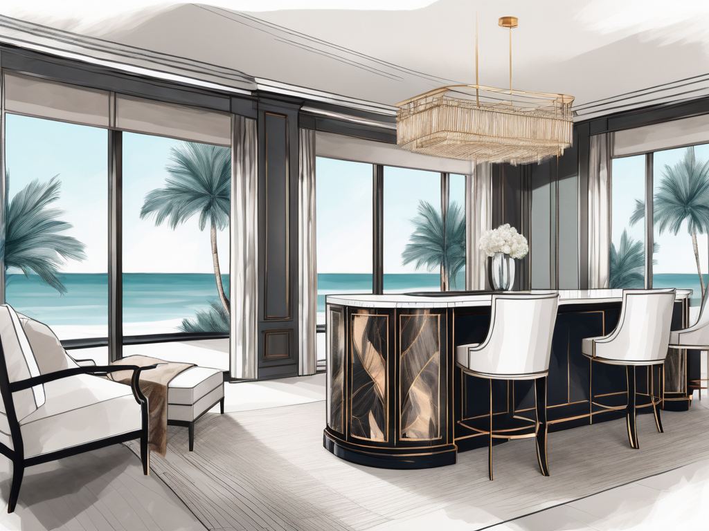 a luxurious, custom-made cabinet in an elegant room setting, overlooking a window with a view of Palm Beach County, FL, hand-drawn abstract illustration for a company blog, white background, professional, minimalist, clean lines, faded colors