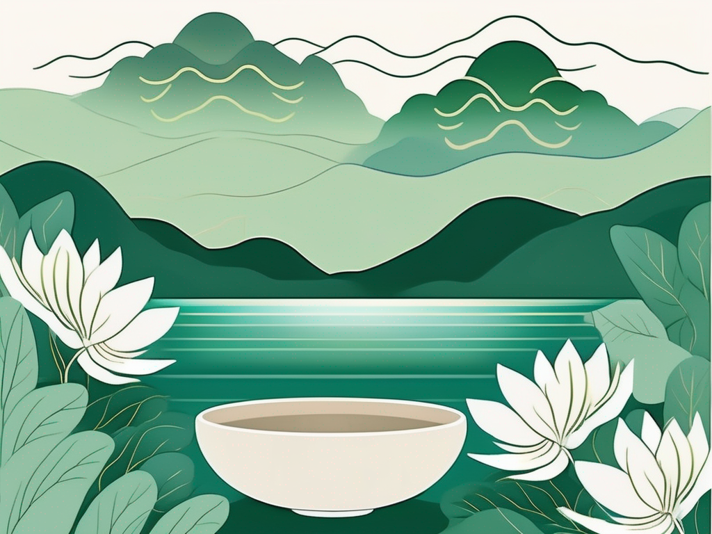 a serene landscape of Mallorca with lush greenery, a tranquil sea, and a set of Tibetan singing bowls arranged harmoniously, with subtle sound waves emanating from them, hand-drawn abstract illustration for a company blog, white background, professional, minimalist, clean lines, faded colors