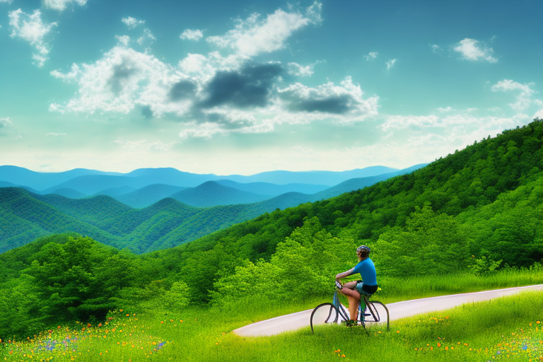 a scenic view of the Blue Ridge Parkway featuring a bicycle on a trail with the lush greenery, vibrant wildflowers, and majestic mountains in the background, suggesting a sense of tranquility and rejuvenation, hand-drawn abstract illustration for a company blog, in style of corporate memphis, faded colors, white background, professional, minimalist, clean lines