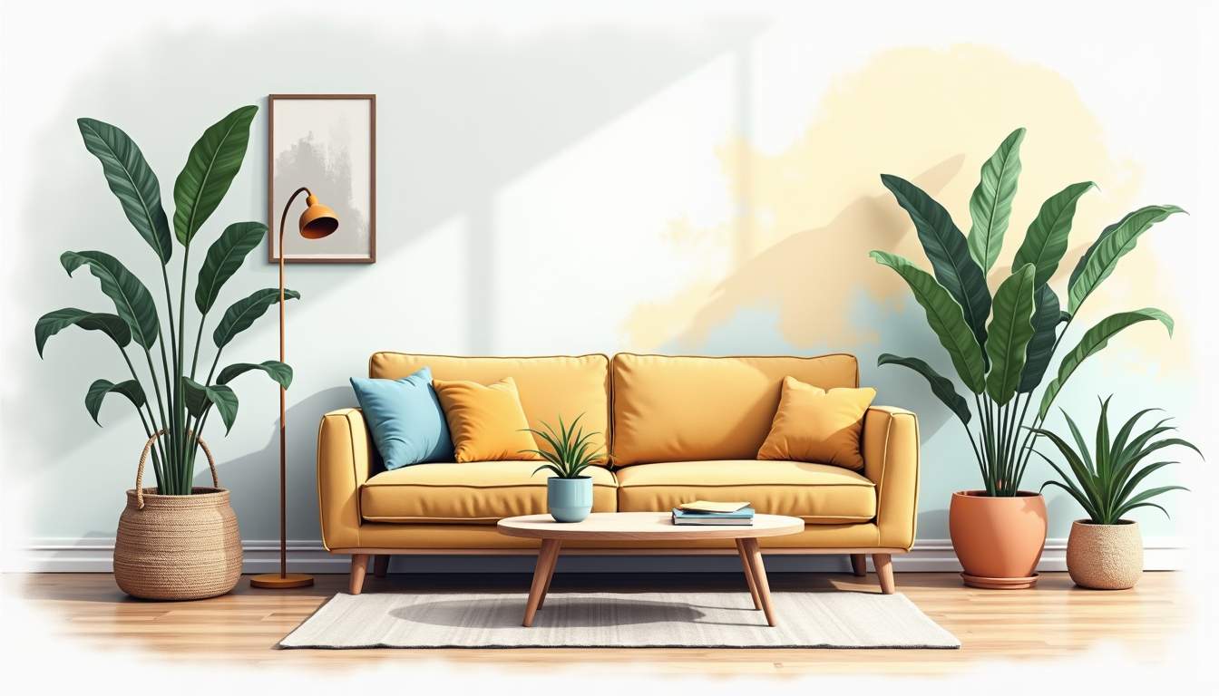 a cozy living room scene featuring a freshly painted accent wall, a stylishly upcycled coffee table, and vibrant potted plants, all set against a backdrop of tools and materials that suggest a weekend renovation project, hand-drawn abstract illustration for a company blog, white background, professional, minimalist, clean lines, faded colors