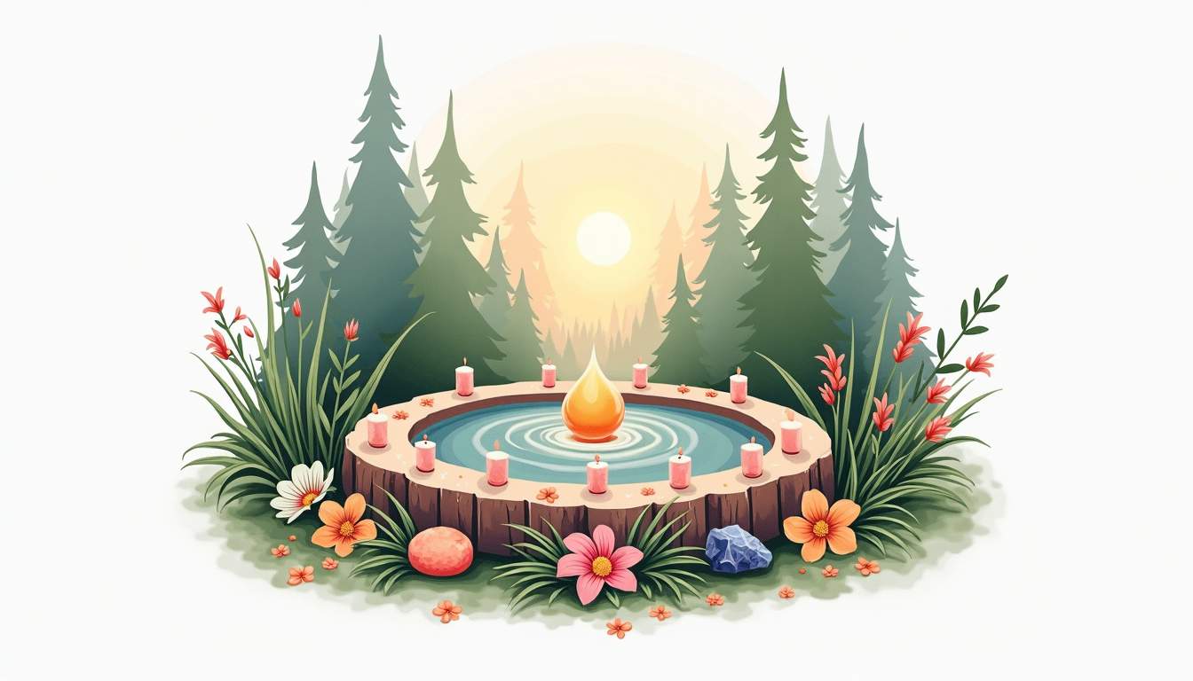 a serene, circular altar adorned with natural elements such as flowers, crystals, candles, and sacred symbols, set against a tranquil forest backdrop that evokes a sense of connection and harmony, hand-drawn abstract illustration for a company blog, white background, professional, minimalist, clean lines, faded colors