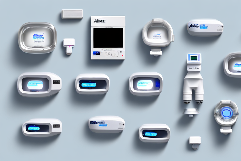 the ResMed AirSense 10 CPAP machine prominently displayed, surrounded by various other CPAP machines in the background, to emphasize its standout position in the market, hand-drawn abstract illustration for a company blog, in style of corporate memphis, faded colors, white background, professional, minimalist, clean lines