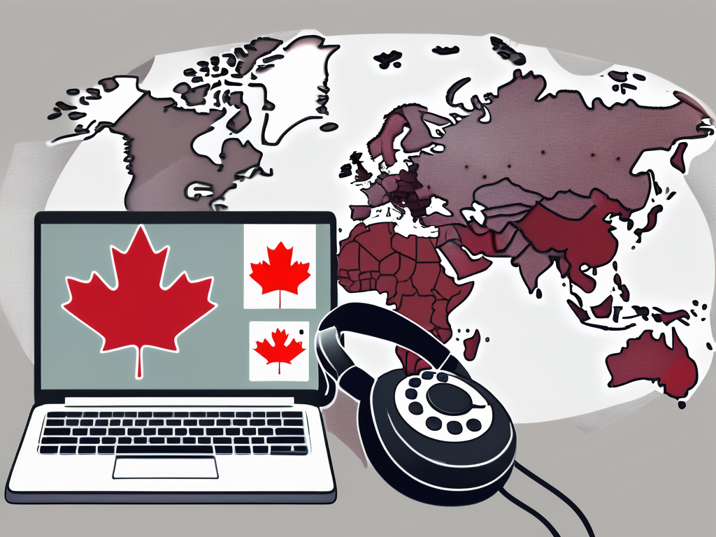 a telephone, a laptop, and a headset, symbolically representing the tools used in customer service, against the backdrop of a stylized map of Canada, to signify Riobel's location, hand-drawn abstract illustration for a company blog, white background, professional, minimalist, clean lines, faded colors