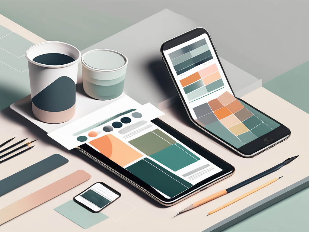 a mobile device displaying a well-optimized, responsive website design, alongside design tools like a color palette and a stylus, hand-drawn abstract illustration for a company blog, white background, professional, minimalist, clean lines, faded colors