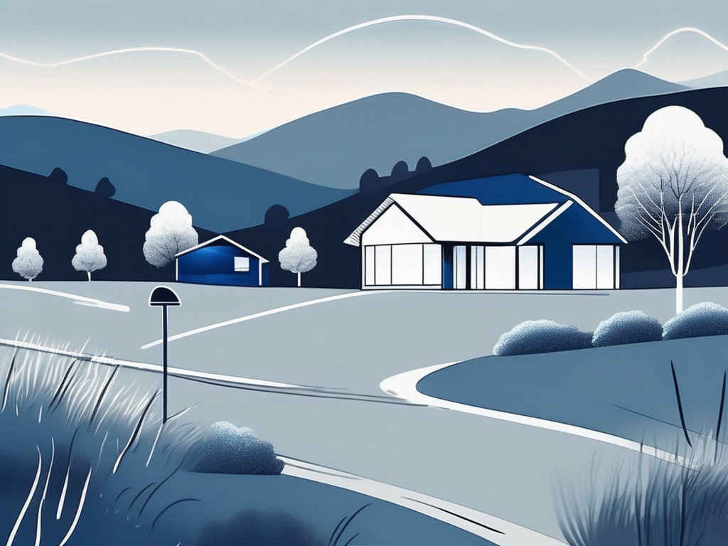 a pristine, sparkling clean house nestled in the picturesque landscape of Mount Airy, with cleaning tools like a mop, broom, and bucket subtly incorporated into the scene, hand-drawn abstract illustration for a company blog, white background, professional, minimalist, clean lines, deep blue and slate