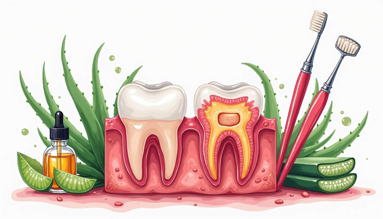 a vibrant and detailed depiction of healthy gums contrasted with inflamed gums, surrounded by dental tools and natural remedies like aloe vera and tea tree oil, to visually represent the importance of gum disease treatment and oral health, hand-drawn abstract illustration for a company blog, white background, professional, minimalist, clean lines, faded colors