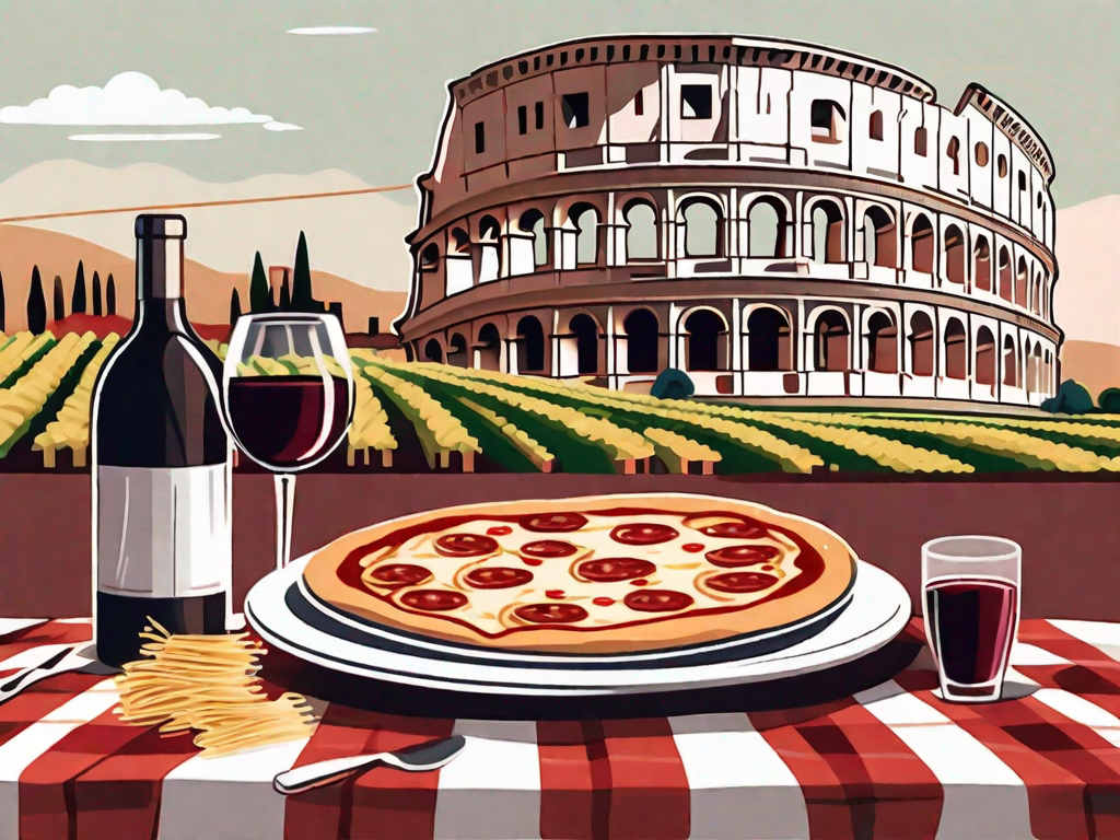 a traditional Italian café scene, featuring a cup of espresso, a glass of red wine, a plate of pasta, and a pizza, all placed on a checkered tablecloth with the backdrop of the Colosseum and a vineyard, hand-drawn abstract illustration for a company blog, white background, professional, minimalist, clean lines, faded colors