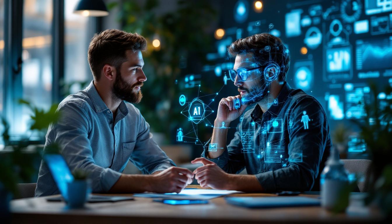 En mann som ser ut til å ha en dobbeltgjenger sitter ved et bord og diskuterer AI-løsninger med sin lookalike, omgitt av blå holografiske data- og teknologielementer som illustrerer kunstig intelligens.