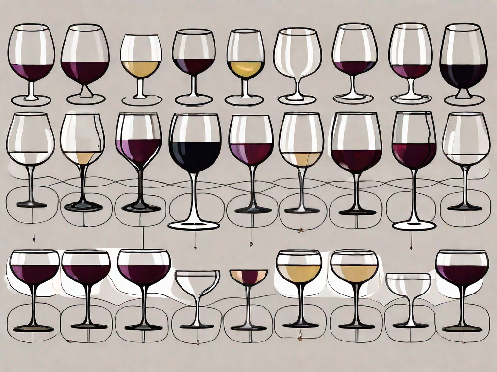 a variety of wine glasses, each filled with different types of wine, arranged in a semi-circle, with a key in the middle, symbolizing the unlocking of wine tasting secrets, hand-drawn abstract illustration for a company blog, white background, professional, minimalist, clean lines, faded colors