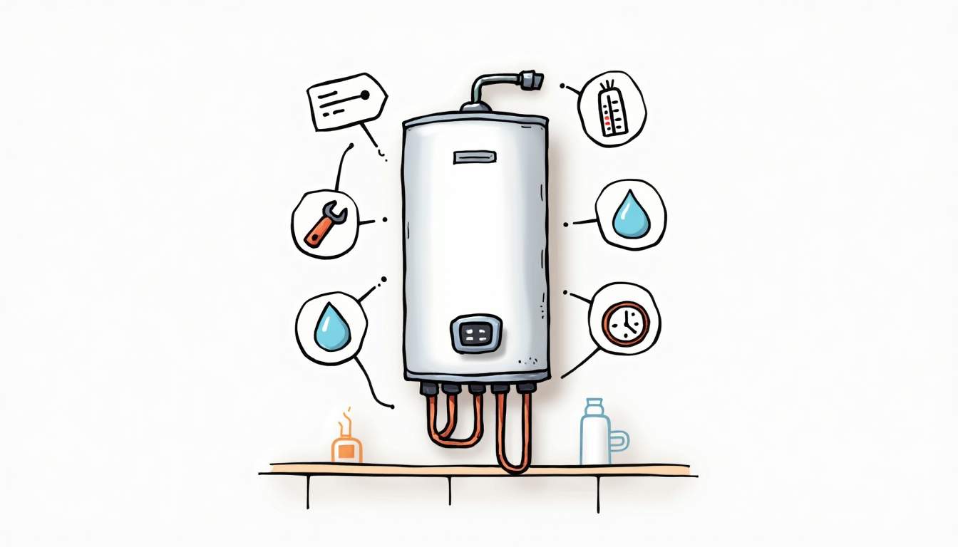 a detailed instant water heater with labeled components, surrounded by common troubleshooting symbols like a wrench, a water droplet, and a temperature gauge, set against a simple kitchen or bathroom background, hand-drawn abstract illustration for a company blog, white background, professional, minimalist, clean lines, faded colors