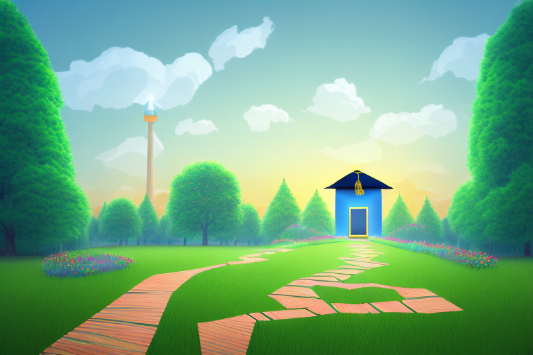 a path leading towards a bright, sunny horizon, with symbolic elements such as books, graduation cap, a small house, and a tree along the path, representing education, stability, and growth, hand-drawn abstract illustration for a company blog, in style of corporate memphis, faded colors, white background, professional, minimalist, clean lines