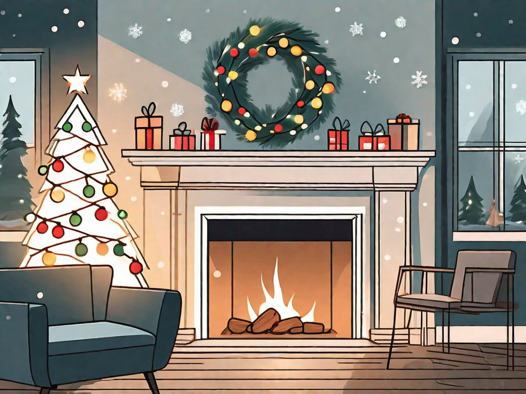 various types of Christmas lights such as LED, incandescent, bubble lights, and icicle lights, each draped over a different type of holiday decor like a Christmas tree, a window, and a fireplace mantel, hand-drawn abstract illustration for a company blog, white background, professional, minimalist, clean lines, faded colors