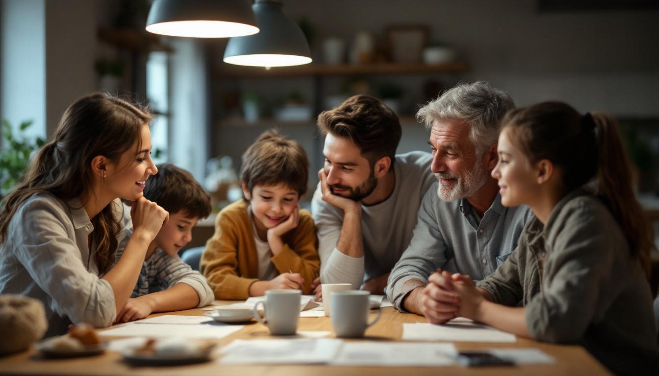 En familie i flere generasjoner sitter samlet rundt et bord, smiler og ser på papirer sammen i en varm og koselig hjemmestemning.
