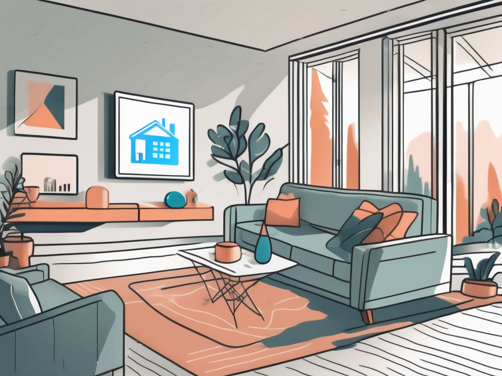 a well-staged, modern living room with smart home upgrades like a smart thermostat and home security system, and a sold sign placed outside the window indicating the house is on the market, hand-drawn abstract illustration for a company blog, white background, professional, minimalist, clean lines, faded colors