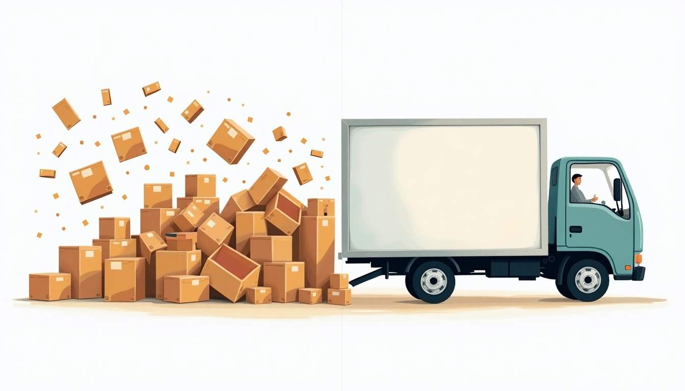 a side-by-side comparison of a chaotic DIY moving scene with overflowing boxes and a calm, organized local moving truck efficiently loading items, highlighting the contrast between stress and ease, hand-drawn abstract illustration for a company blog, white background, professional, minimalist, clean lines, faded colors