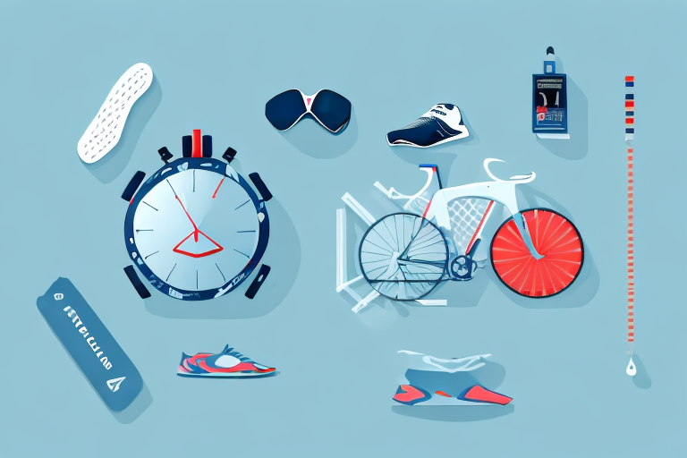 a triathlon training scene, featuring a stopwatch, a pair of running shoes, a bicycle, a swimming cap and goggles, and a comfortable armchair, all arranged to suggest a balance between intense training and rest, hand-drawn abstract illustration for a company blog, in style of corporate memphis, faded colors, white background, professional, minimalist, clean lines