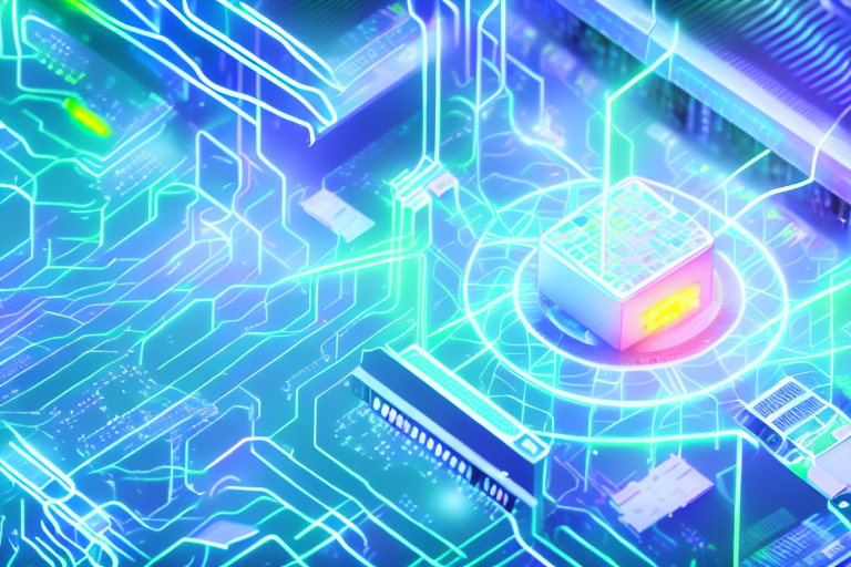 a data center full of servers, with a close-up view of a server slot being filled by a PCIe SSD, showcasing a glowing energy-efficient aura around it, hand-drawn abstract illustration for a company blog, in style of corporate memphis, faded colors, white background, professional, minimalist, clean lines