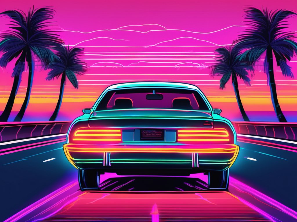 a neon underglow lit car on a Florida highway with palm trees and the ocean in the background, reflecting the vibrant colors of the underglow, hand-drawn abstract illustration for a company blog, white background, professional, minimalist, clean lines, faded colors