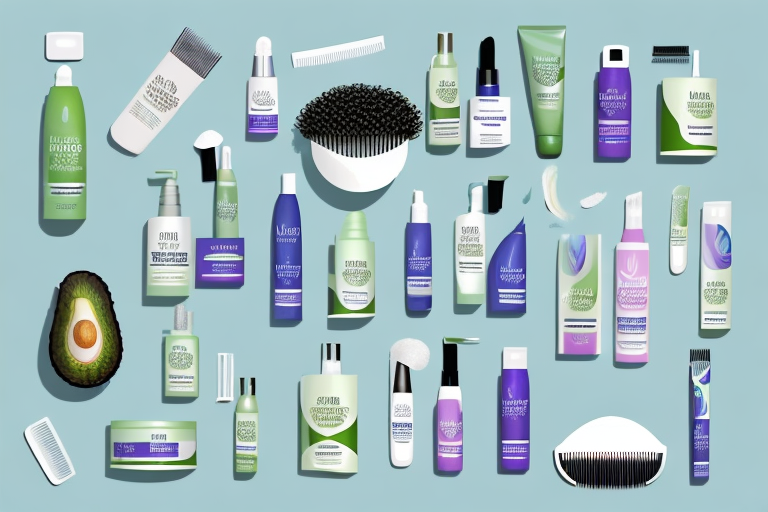 various hair care products like shampoo, conditioner, hair serum, hair mask, and a wide-tooth comb, along with natural elements like aloe vera, avocado, and coconut, all arranged neatly on a bathroom counter, hand-drawn abstract illustration for a company blog, in style of corporate memphis, faded colors, white background, professional, minimalist, clean lines