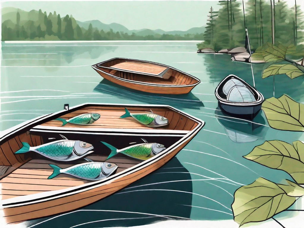 three different fish finders, each labeled with a color-coded tag, placed on a boat deck with a backdrop of a serene lake, surrounded by lush vegetation, hand-drawn abstract illustration for a company blog, white background, professional, minimalist, clean lines, faded colors