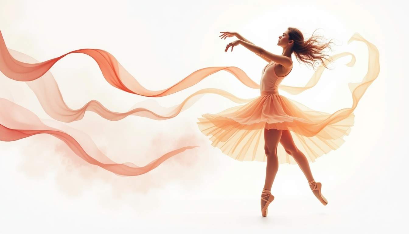 a graceful ballet dancer's silhouette in motion, surrounded by swirling ribbons and soft, flowing fabrics that evoke a sense of elegance, strength, and confidence, set against a dreamy backdrop of soft colors that suggest a serene and empowering atmosphere, hand-drawn abstract illustration for a company blog, white background, professional, minimalist, clean lines, faded colors