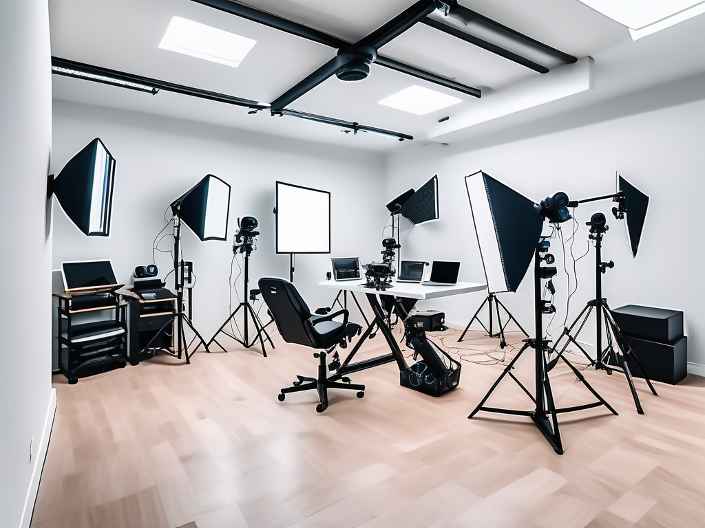 a large, modern photography studio with various rooms depicting different innovative revenue streams such as a drone photography section, a virtual reality setup, and a high-tech editing suite, hand-drawn abstract illustration for a company blog, white background, professional, minimalist, clean lines, faded colors