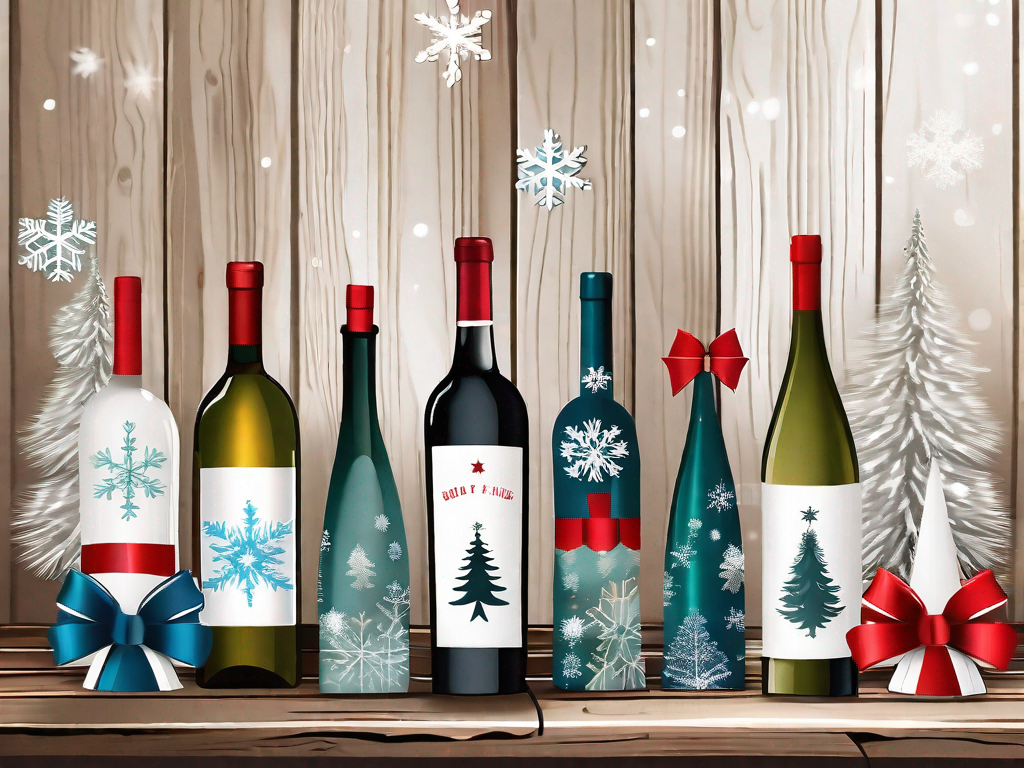 a variety of wine bottles in different sizes and colors, with some wrapped in festive ribbons and bows, placed on a rustic wooden table with a holiday-themed background, including elements like a pine tree, snowflakes, and star ornaments, hand-drawn abstract illustration for a company blog, white background, professional, minimalist, clean lines, faded colors