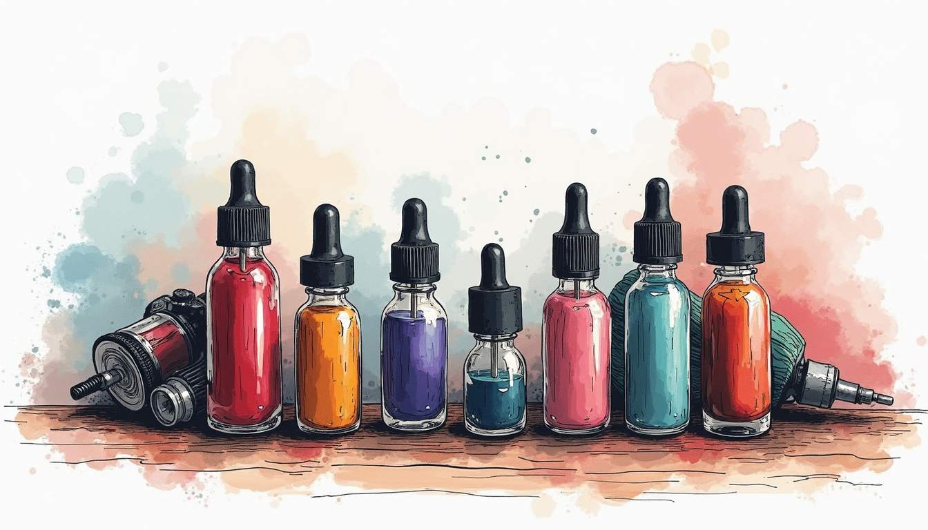 an assortment of tattoo cartridges in various styles and colors, arranged artistically on a wooden table, with ink bottles and tattoo machine parts subtly integrated into the background to create an inviting and creative atmosphere, hand-drawn abstract illustration for a company blog, white background, professional, minimalist, clean lines, faded colors