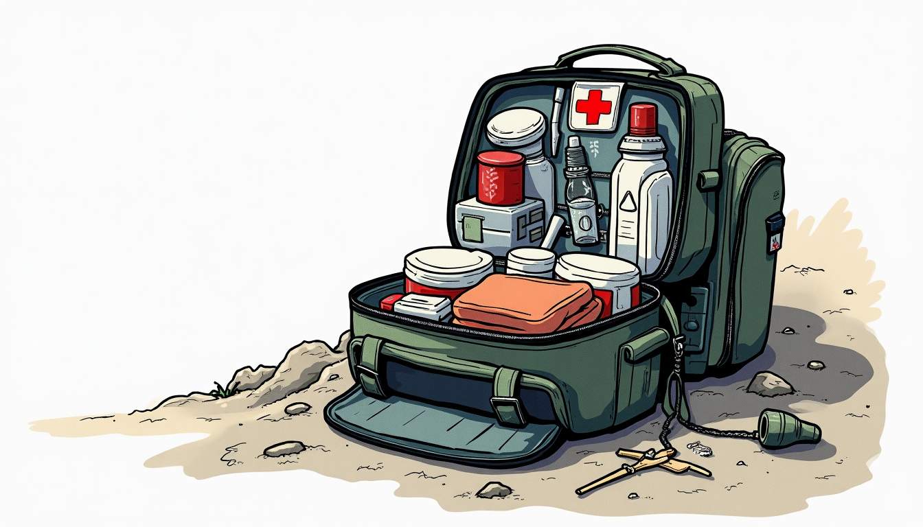 a tactical medical bag opened to reveal a variety of specialized medical supplies and equipment, set against a backdrop of rugged terrain that suggests a high-risk environment, hand-drawn abstract illustration for a company blog, white background, professional, minimalist, clean lines, faded colors