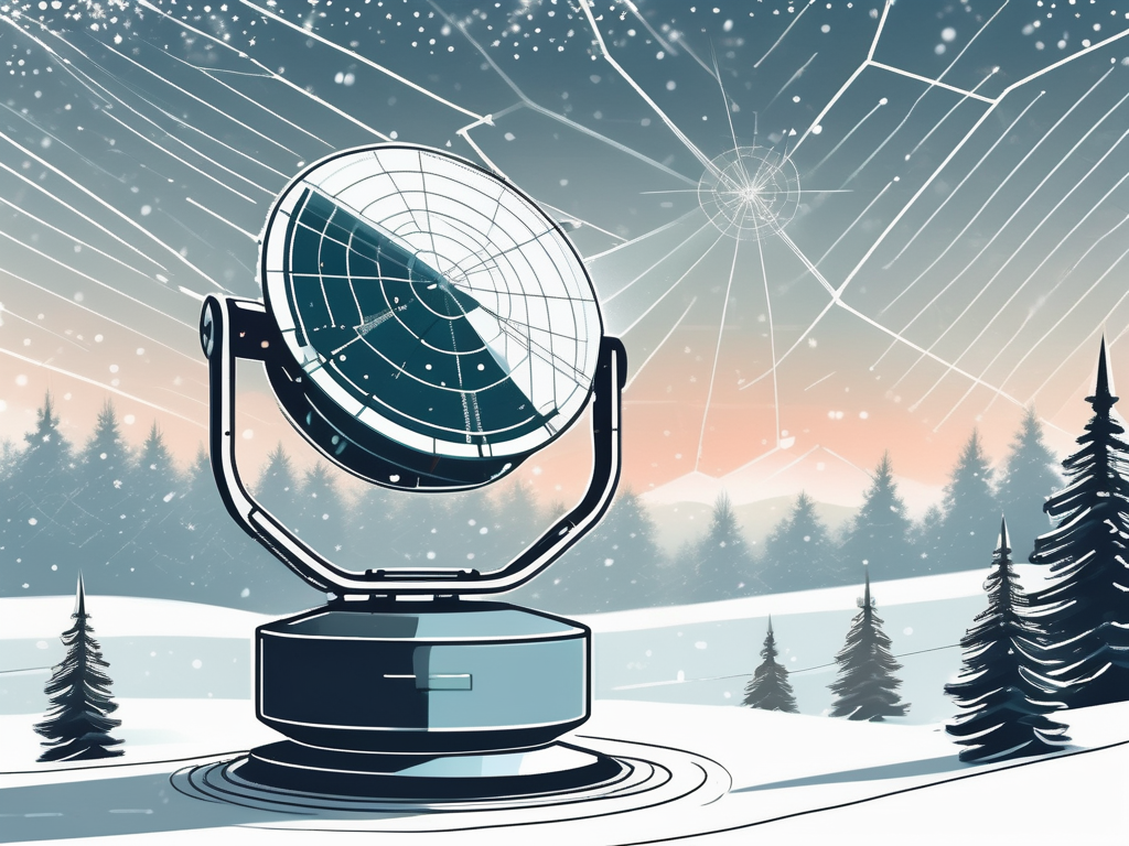 a snow day predictor device, symbolized by a futuristic radar, analyzing incoming snowflakes against a backdrop of a winter landscape, hand-drawn abstract illustration for a company blog, white background, professional, minimalist, clean lines, faded colors