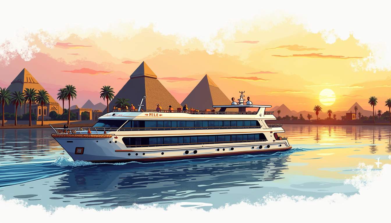 a luxurious Nile cruise ship adorned with elegant decorations, gliding smoothly along the river with iconic Egyptian landmarks like the Pyramids and ancient temples in the background, surrounded by lush palm trees and a vibrant sunset sky, hand-drawn abstract illustration for a company blog, white background, professional, minimalist, clean lines, faded colors