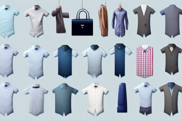 a variety of shirts in different styles and colors, placed on hangers, with subtle symbols indicating different occasions like a candle for a dinner date, a briefcase for work, a cocktail glass for a party, etc, hand-drawn abstract illustration for a company blog, in style of corporate memphis, faded colors, white background, professional, minimalist, clean lines