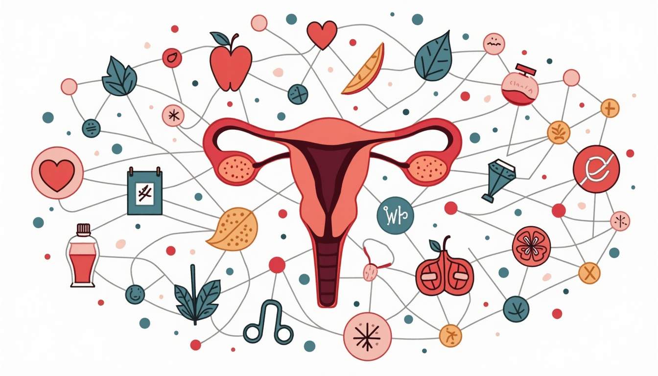 an interconnected web of symbols representing various aspects of men's health, including a prostate gland, a shield for STD prevention, healthy foods, exercise equipment, and mental wellness icons, all harmoniously integrated to convey a holistic approach to well-being, hand-drawn abstract illustration for a company blog, white background, professional, minimalist, clean lines, faded colors