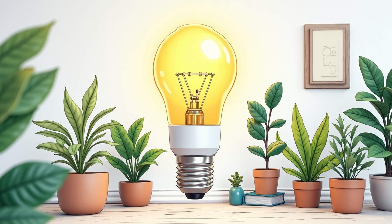 an eco-friendly home interior featuring glowing LED bulbs and sleek smart switches, surrounded by plants and natural elements to emphasize sustainability and energy efficiency, hand-drawn abstract illustration for a company blog, white background, professional, minimalist, clean lines, faded colors